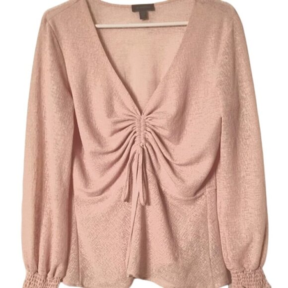 Le Chateau Blouse Sz L cinched Peplum blush V neck pink crepe - Picture 3 of 9